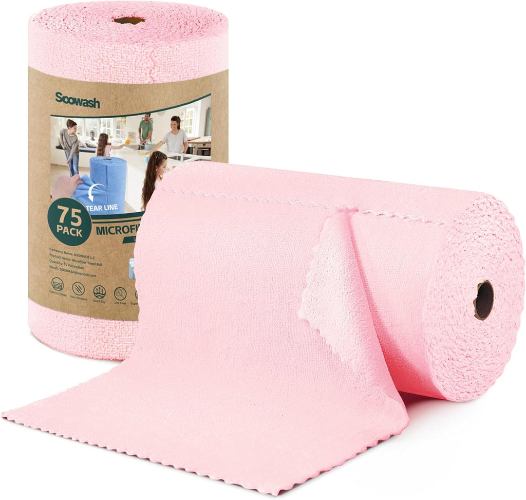 Microfiber Cleaning Cloths Roll, 75 Pack Tear Away Microfiber Towels Roll, 12" x 12" Lint Free Rags, Reusable Cleaning Cloths, Washable, Scratch Free,Ultra Absorbent Dish Rags(Pink)