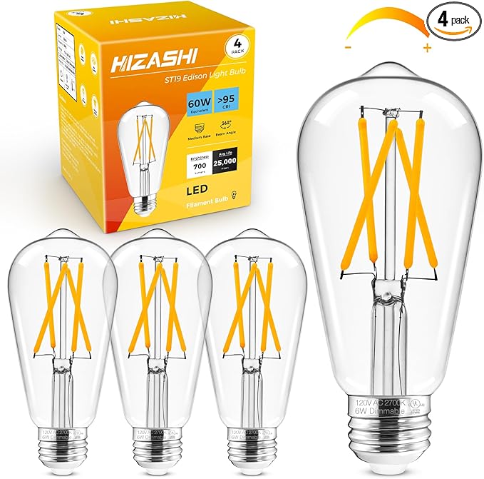 Hizashi Dimmable Edison Bulbs 60 Watt LED, E26 Bulb 2700K Warm White ST19 Vintage Light Bulbs, 95+CRI, UL Listed,700LM 6W E26 Medium Base, Clear Glass, Pack of 4