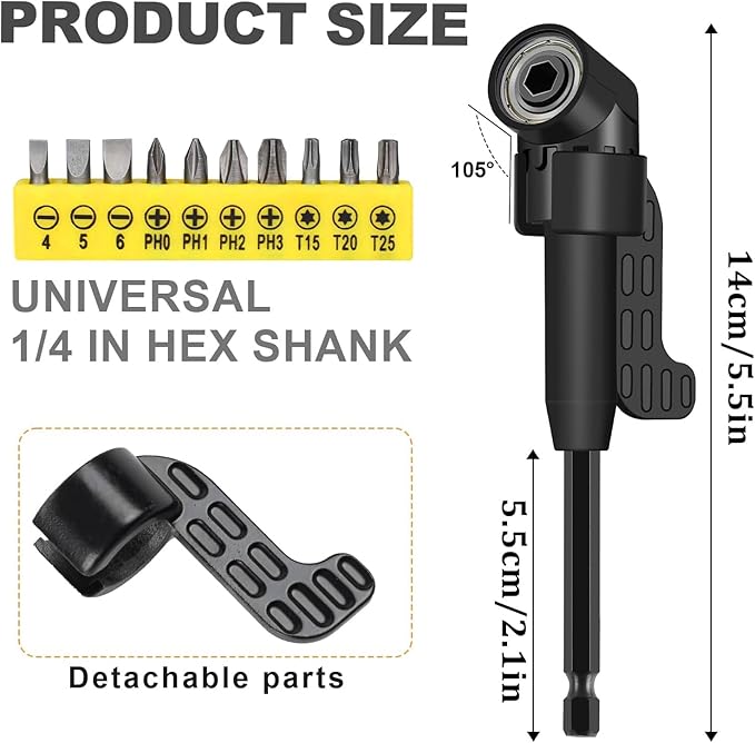17Pcs Flexible Drill Bit Extension, Include 3Pcs Rotatable Socket Adapter 2Pcs Hex Shank 105° Right Angle Drill Attachment 10 Short Screwdriver Bits 90° Angled Bits and Bendable Extension