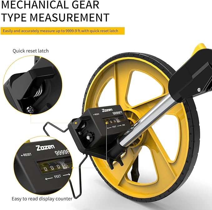 Zozen Measuring Wheel in Feet and Inches, Mechanical/Double Collapsible/One Key to Reset/Kickstand to Keep Stand/Starting Point Arrow and Cloth Carrying Bag, 0-9,999 Ft Measure Wheel.