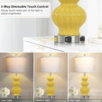 Triple Gourd Ceramic Table Lamps Set of 2, Modern Yellow Bedside Lamps with USB A+C Ports & AC Outlet, 3 Way Touch Control Contemporary Nightstand Lamps for Bedroom Living Room