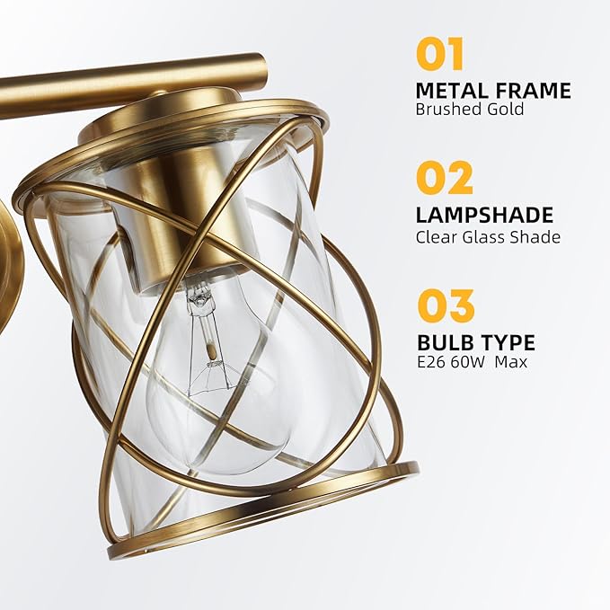 Mavcadonf Modern Vanity Lights with Cage Shade, 2 Lights Over Mirror, Brushed Gold Vanity Light for Bathroom, Kitchen, Bedroom