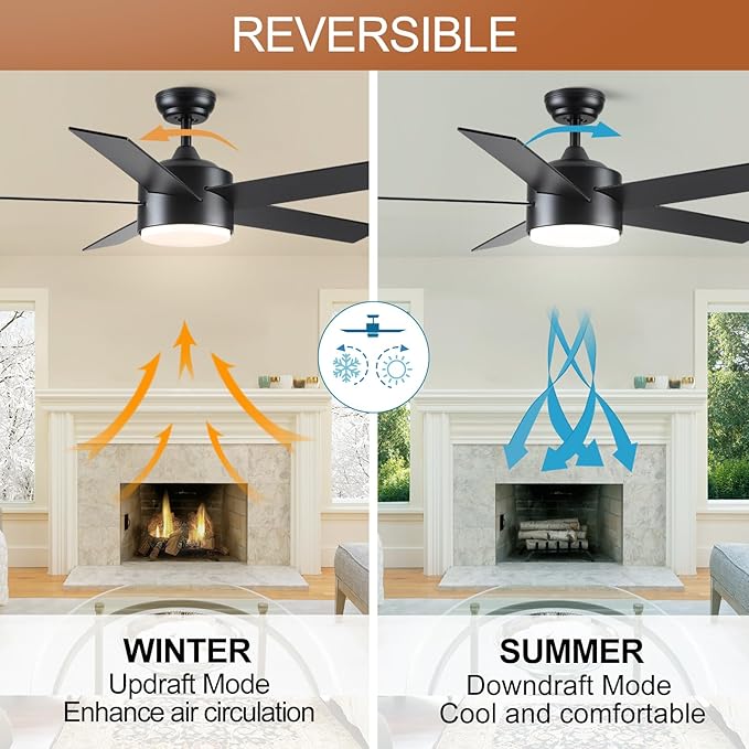 52 inch Black Ceiling Fans with Lights and Remote Control, Noiseless Modern Ceiling Fan for Bedroom, Living Room, Dining Room, Dimmable 3CCT 6-Speed ETL Listed