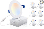 CLOUDY BAY 4 inch 3000K/4000K/5000K Three Color Temperature Selectable, Dimmable 10W CRI 90+,Ultra Thin Recessed Downlight with Junction Box, Canless Wafer Down Light, Damp Location,White Finish, 6PK