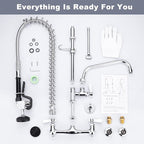 Commercial Kitchen Faucet Wall Mount with Pre-Rinse Sprayer 36" Height Wall Mount Kitchen Sink Faucet 8 Inch Center with 10" Add-on Swing Spout Faucet & Coiled Spring Pull Down Spray