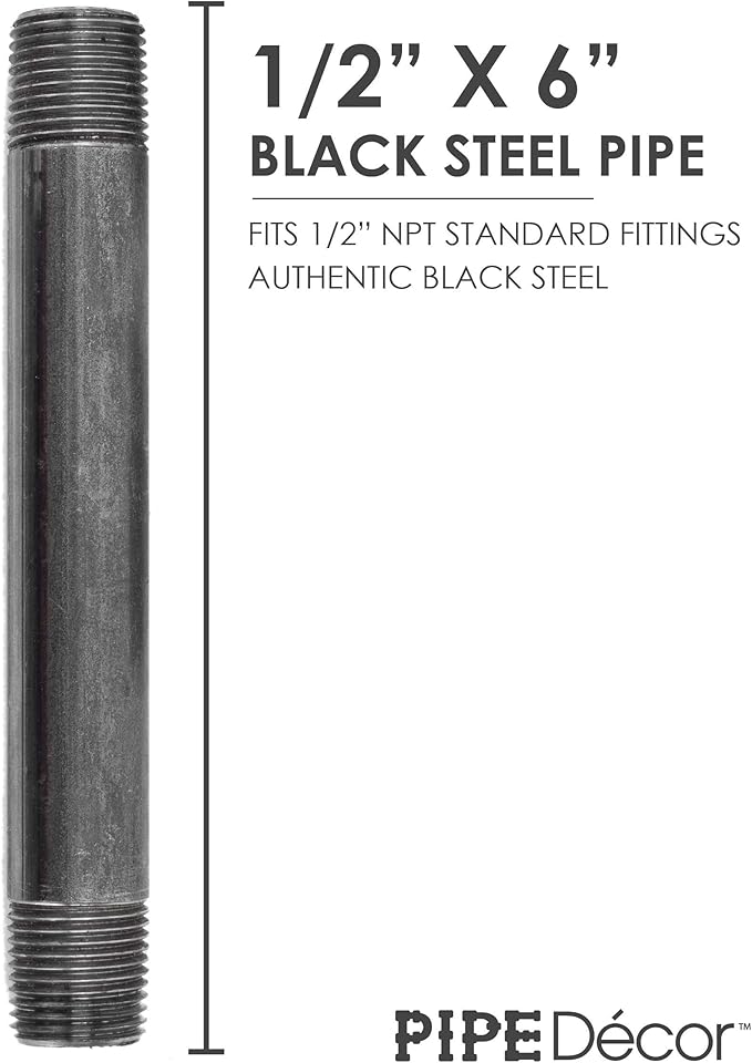 PIPE DÉCOR 1/2” x 6” Malleable Cast Iron Pipe Nipple, Pre Cut Connectors, Industrial Steel Grey Fits Standard Half Inch Black Threaded Pipes Nipples and Fittings, Build Vintage DIY Furniture, 6 Pack