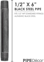 PIPE DÉCOR 1/2” x 6” Malleable Cast Iron Pipe Nipple, Pre Cut Connectors, Industrial Steel Grey Fits Standard Half Inch Black Threaded Pipes Nipples and Fittings, Build Vintage DIY Furniture, 6 Pack
