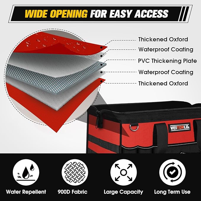 16-Inch Heavy Duty Tool Bag, 19-Pockets Tool Box Organizer, Portable Toolbag W/Soft Handle for Organized Storage, Mechanic Gifts for Men Dad Husband Him Christmas, Wide Mouth Toolbox Organization, Red