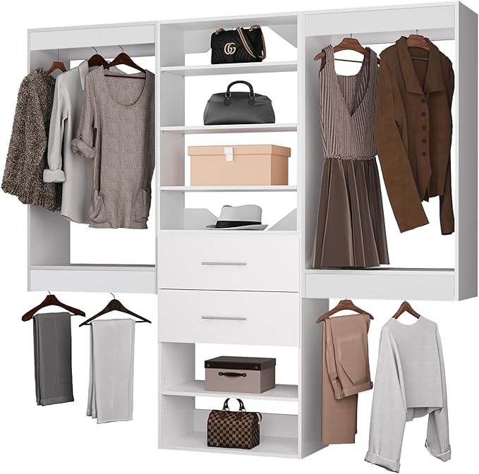 ROOMTEC Modular Closet System, 96" Wall Mounted Closet Organizer with Hanging Rods and Drawers, Wooden Tower for Walk-In Closets, Wardrobe Storage Kit, White