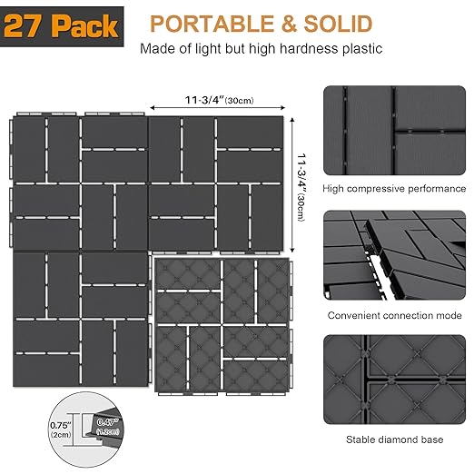Goovilla Plastic Interlocking Deck Tiles, 27 Pack Outdoor Patio Flooring, 12"x12" Interlocking Decking Tile Outdoor All Weather Use, Waterproof Patio Pavers for Pool Balcony Backyard Porch, Dark Grey