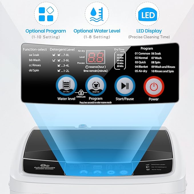 Nictemaw Portable Washing Machine, 17.8Lbs Portable Washer 2.4 Cu.ft Full Automatic Washing Machine with 10 Programs 8 Water Levels, LED Display, Drain Pump, Ideal for Apartment, Home, RVs
