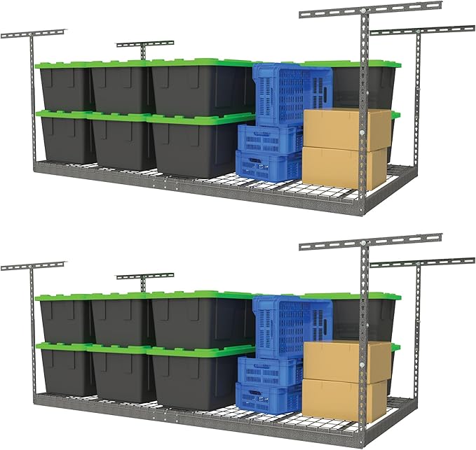 2-Pack 4 x 8 MonsterRax Overhead Garage Storage Rack, Ceiling Racks for Garage, Organization Shelving, Adjustable Hanging Shelf, Grey, 12"-21" Height Adjustment