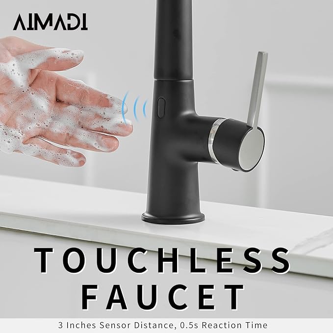 AIMADI Touchless Kitchen Faucet with Pull Down Sprayer, Sensor Smart Hands-Free Single Handle Spring Matte Black Kitchen Faucets, Motion Sensor Sink Faucet with Pull Out Sprayer