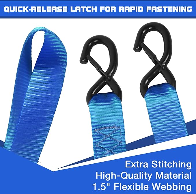 Ratchat Straps Heavy Duty with S Hooks Safety Latches 4 Pack 4400lb1.5 by 10' Tie Down Cargo Straps Ratcheting for Motorcycles,ATVs,Jet Skis,Golf Carts,Lumber,Sport Equipment,Boat,UTV,Roof Rack Blue