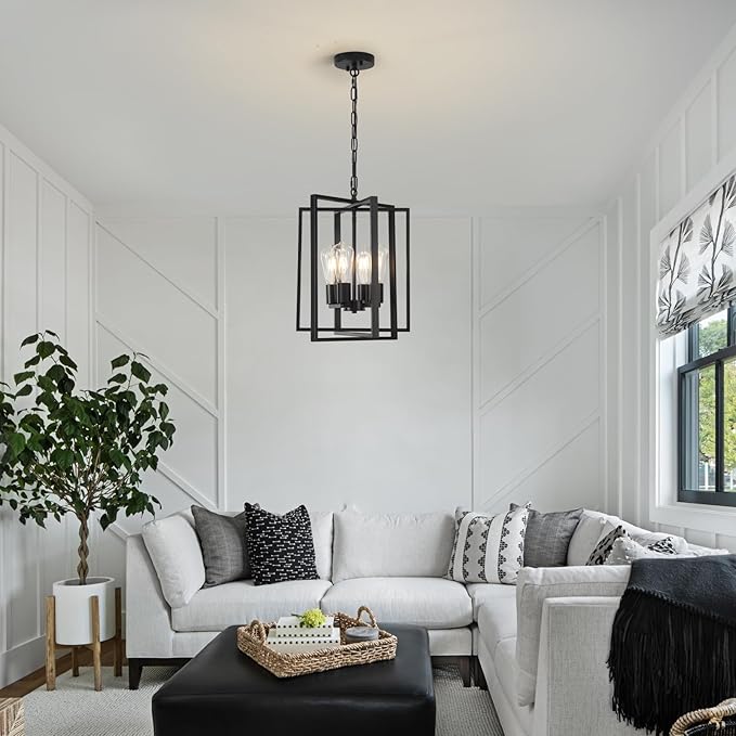 4 Light Modern Farmhouse Chandelier for Dining Room, Black Pendant Lights Fixtures for Kitchen Island, Foyer Lighting Fixtures High Ceiling for Entryway Hallway Living Room Bedroom