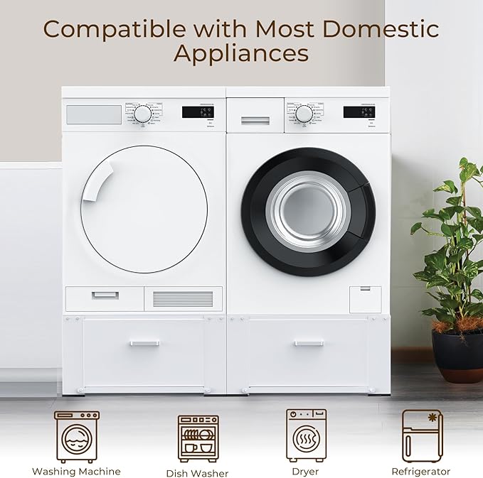 SKM 29" Washer & Dryer Pedestals with Drawer - 2 Pack Laundry Stand Raiser, 14.3" Height, Steel Construction, White