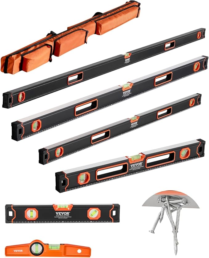VEVOR 6-Piece Torpedo Level, 78/48/32/24/16/10 Inch All Magnetic Levels Set, Bubble Vials Ruler for 45/90/180 Degree, Aluminum Alloy Magnetic Box Leveler Tool, Shock-Resistance, SAE and Metric Scale