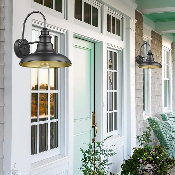 Dusk to Dawn Sensor Outdoor Barn Light Fixture, 12.3 Inch Dome Outdoor Wall Sconce Farmhouse Wall Mount Lights Exterior Gooseneck Light Fixture Black Finish Industrial Wall Lantern for Porch, 2Pack