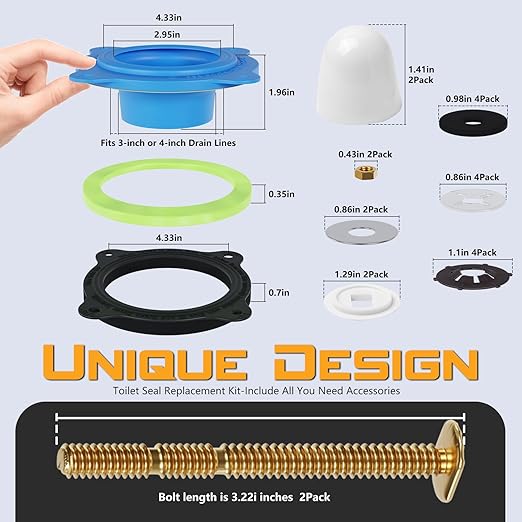 Toilet Flange Repair Kit, Universal Toilet Seal Parts for Wax Seal, Rubber Gasket Ring, Wax-Free Toilet Bowl Replacement kit Include Premium Nuts, Washers, 3.26Inch Bolts, Bolt Caps