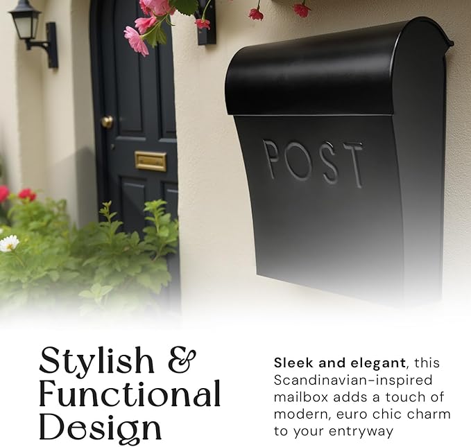 NACH Vicki Style Black Wall Mount Mailbox, Made from Heavy Duty Galvanized Metal, Waterproof & Rust-Resistant, Secure Mails & Package Storage, 12.5 x 11 x 4.5 Inches