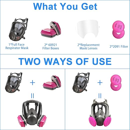 Full Face Respirator Mask with Filters 60921 & 2091，Reusable Gas Mask for Painting，Welding, Griding&Cuting | Anti-Fog, Silicone Face Seal, Dust Protection