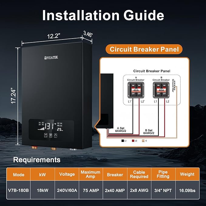 Electric Tankless Water Heater SIVUATEK 18kW, 240V - On-Demand Hot Water for Whole House - ETL Certified, Self Modulating - Compact Design for Easy Installation - for 3 Point of Use Hot Water