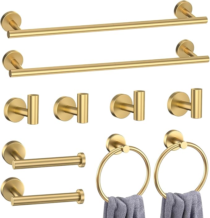 10-Piece Gold Bathroom Hardware Accessories Set-Brushed Gold Towel Bar Set,SUS304 Stainless Steel Towel Rack Set for Bathroom-Wall Mounted,23.6-Inch Towel Holder Set