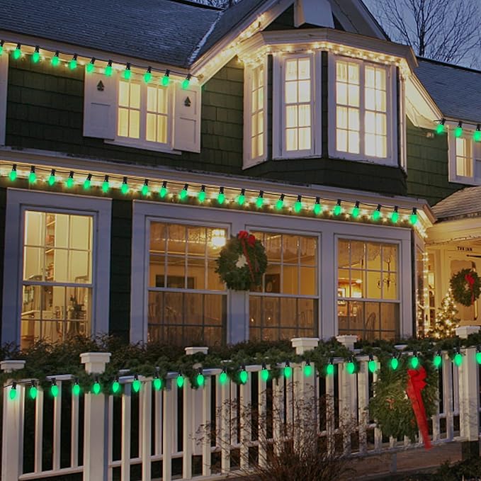 25 Pack C7 Ceramic Christmas Replacment Bulbs, Green Light Bulbs for E12 Candelabra Base Outdoor/Indoor Christmas String Lights, 5 Watt