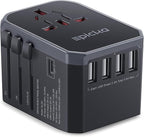 EPICKA Universal Travel Adapter, European Travel Plug Adapter (Not a Voltage Converter) - International Power Adapter Worldwide Charger with USB-C & 4 USB-A Ports, Travel Essentials (TA-105, Grey)