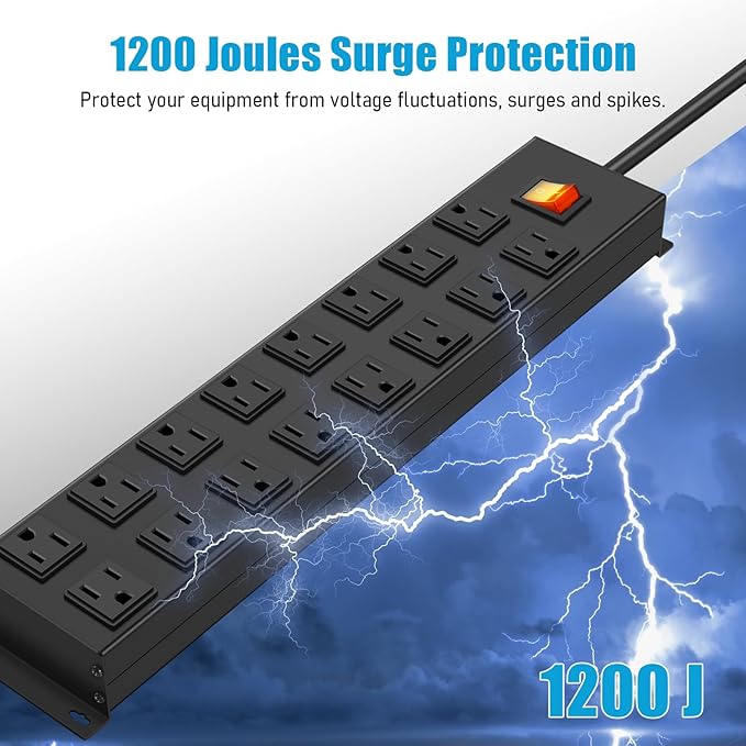 HHSOET Metal 16 Outlet Mountable Power Strip, Wall Mount Garage Workbench Socket, Gaming Table Surge Protector with 15 FT Power Cord.(Black)