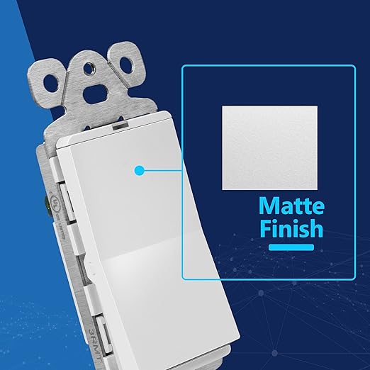 LIDER Minimalist Design Matte Finish Lighted Decorator Switch with Screwless Wall Plate, Frameless Paddle Light Switch with Locator Light, Single Pole, Grounding Screw, 15A 125V, UL Listed, White