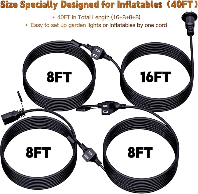 40FT Outdoor Extension Extension Cord for Halloween Christmas Inflatables with Multiple Outlets Black Electrical Cord with Multiple Plugs Outdoor Christmas Blow Up Decorations Light Extension Cords
