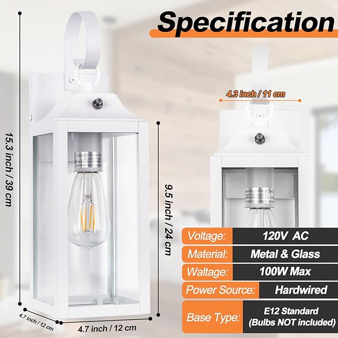 Dusk to Dawn Wall Lights 2 Pack, White Outdoor Light Fixtures, 15 Inch Exterior Wall Sconces Waterproof, Large Outside Lights for House, Modern Wall Lanterns Clear Glass
