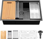 SHACO 33 Inch Black Undermount Kitchen Sink, 33x19 Gunmetal Black Stainless Steel Workstation Single Bowl Basin Wet Prep Undermount Kitchen Sink with Cutting Board