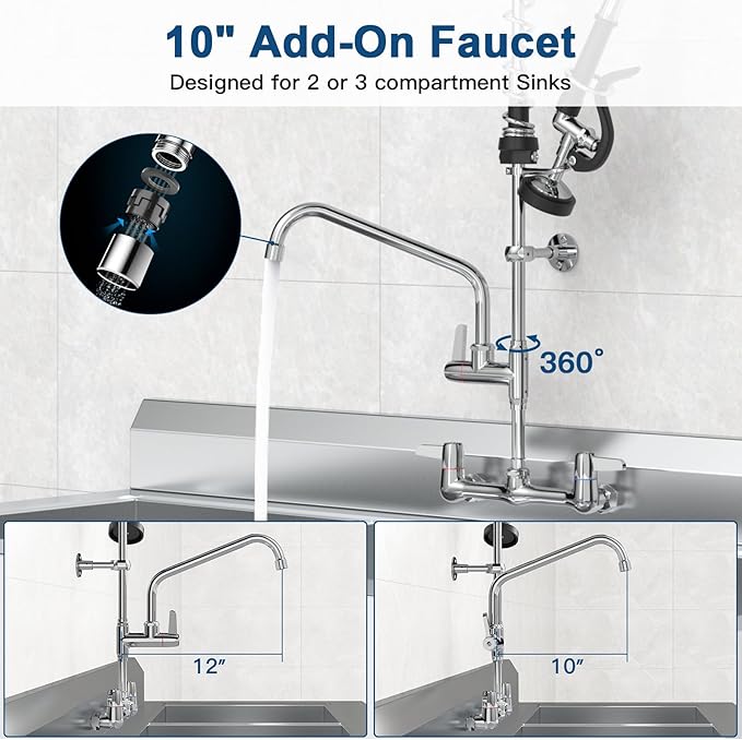 Height Adjustable Commercial Sink Faucet: BESTJEEF (25-32 inch) 8 inch Center Wall Mount Industrial Kitchen Faucet with Pre Rinse Sprayer - Ideal for Restaurants Cafes Bakery Canteens Cafeterias