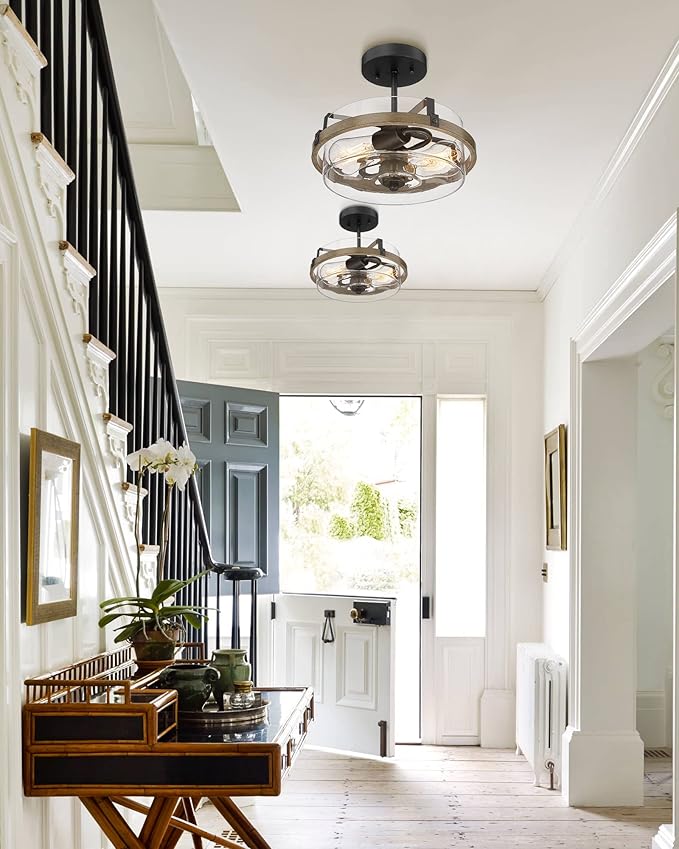 EAPUDUN Farmhouse Ceiling Light, Wooden Semi Flush Mount Ceiling Light Fixtures with Clear Glass Shade, Retro 2-Light Ceiling Lamp for Hallway Entryway Bedroom Kitchen Dining Room SMA1444-FBDT
