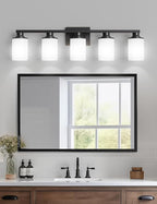DORESshop 5-Light Black Bathroom Light Fixture Over Mirror with Milk Glass Shade, Modern Vanity Lights for Hallway Living Room Bedroom, ETL Listed
