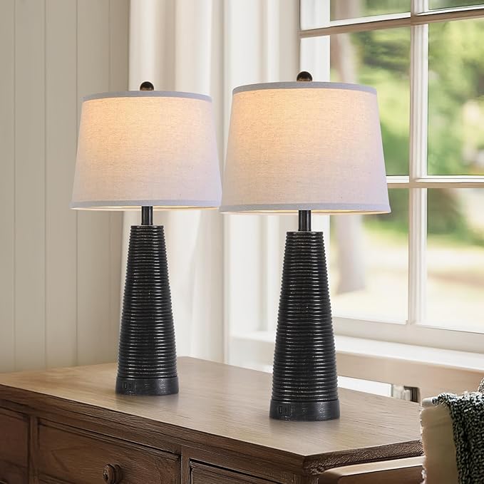 Terpsichore Nightstand Lamp Bedside Lamps Set of 2 Desk Lamp Vintage Rustic Farmhouse Table Lamp 3 Way Dimmable Light,Bulb*2,USB A+C Port (Black with Gold, High 27 Inch)