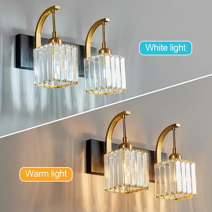 Crystal Vanity Lights 2-Light Black Gold Wall Lamp Modern Crystal Bathroom Light Fixtures Over Mirror 13.77" Long Bathroom Wall Sconce