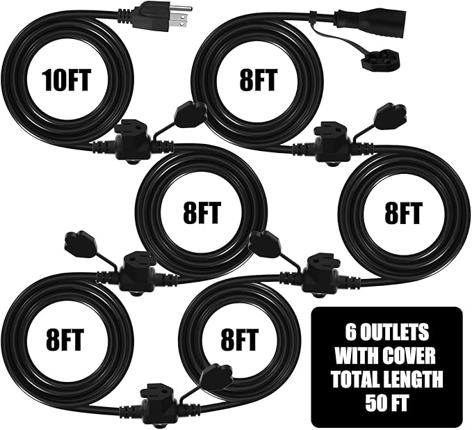 50Ft Outdoor Extension Cord - Evenly Spaced 6 Outlets Plugs with Safety Cover, 16/3 SJTW Weatherproof Multi Outlet Extension Cord for Landscape, Halloween, Holiday Decor, ETL Listed (Black)
