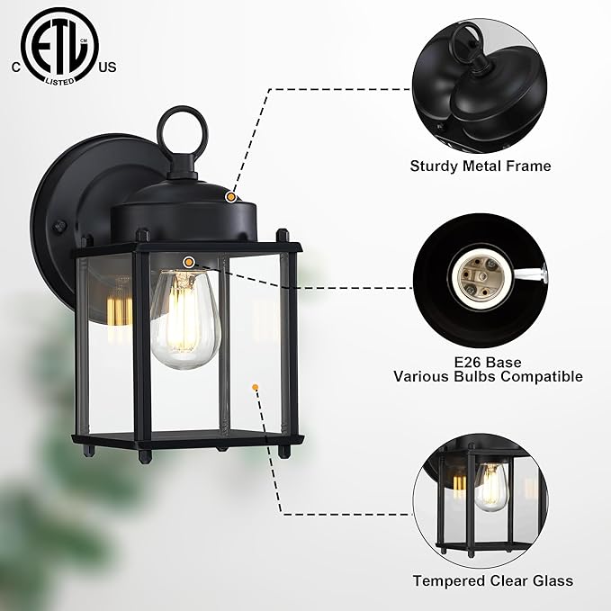 GRUENLICH Outdoor Wall Sconce, Exterior Wall Lighting Fixtures with Clear Glass, Front Porch Lighting, Anti-Rust Outside Lights for Patio, Doorway, Matte Black, 2 Pack