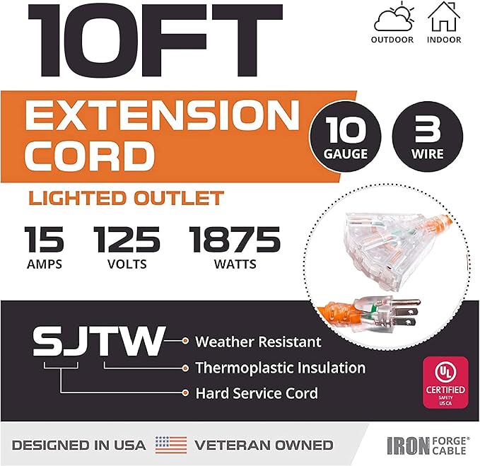 Iron Forge Cable 10 Gauge 10ft Lighted Outdoor Heavy Duty Extension Cord with 3 Outlets - 15 Amp 10/3 SJTW Orange Extension Cord with Multiple Outlets