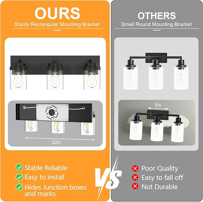 IZORRO Bathroom Vanity Light Fixture, 3-Light 22 Inch Matte Black Bathroom Light Fixtures Over Mirror, with Clear Glass Shade, Modern Farmhouse Vanity Lights, Rustic Restroom Lighting Fixtures