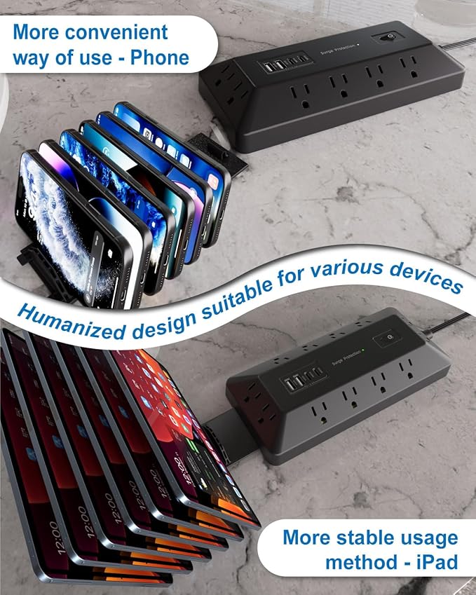 16-in-1 Surge Protector Power Strip with Multi-Function Stand, 6 Outlets with 2 USB-C (20W PD) and 2 USB-A (18W) Ports, 6FT Extension Cord for Home Office Desktop and Dorm (Black)