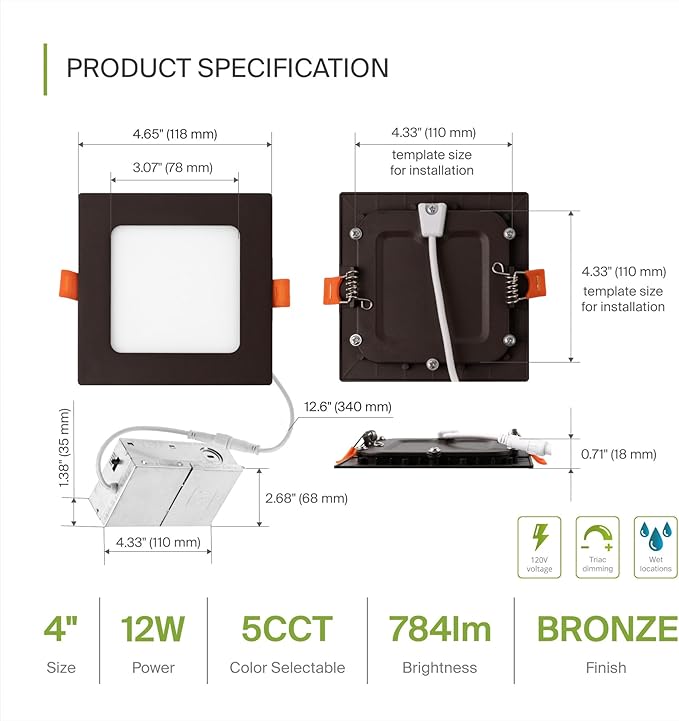 ASD 6 Pack LED Square Recessed Lighting 4 Inch, 5 CCT 2700K-5000K, 12W 50W Eqv, Ultra Thin Dimmable Ceiling Lights with J Box, Canless Wafer Downlight, Slim Panel, UL Energy Star, Oil-Rubbed Bronze