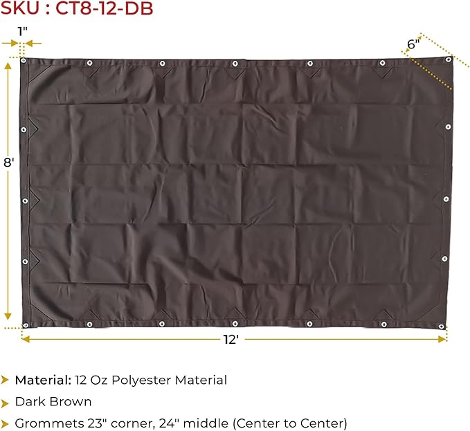Mytee Products 8' x 12' Dark Brown 12oz Canvas Tarp with Grommets - Water Resistant - Heavy Duty Canvas Tarps - Multipurpose Tarpaulin Cover for Canopy Tent, Roof, Camping, Semi Trucks & Cargo