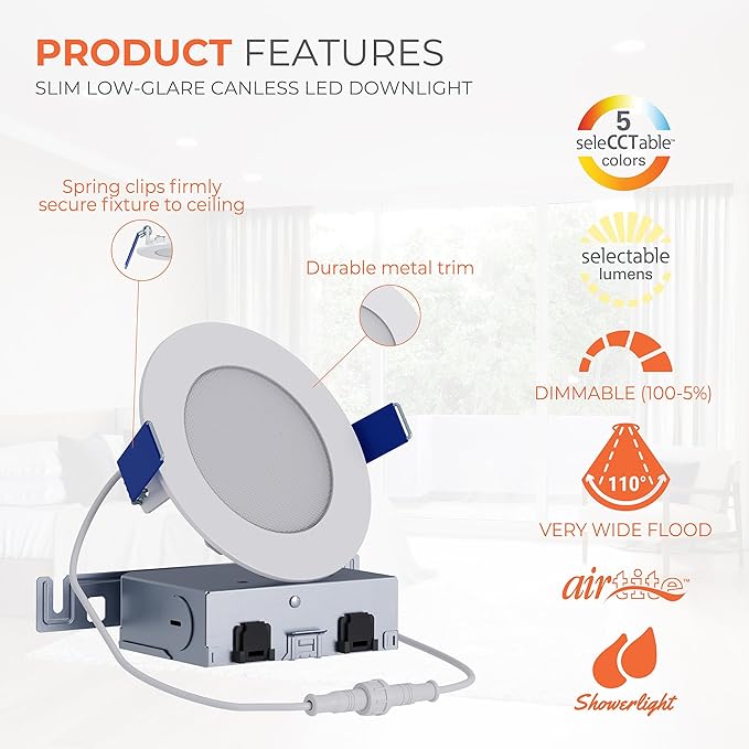 HALO 4 inch LED Recessed Ceiling Light 4-Pack Canless Dimmable with Selectable Lumens and Selectable Color Temperature 2700K-5000K Indoor Outdoor Wet Location Airtight Ultra Slim HLB4LSFS5-4PK