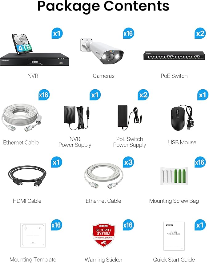 ZOSI 32 Channel 4K PoE Security Camera System, Face Person Vehicle Detection, 2 Way Audio, 16 x 4K Spotlight Outdoor Indoor Cameras, 32CH 8MP Surveillance NVR with 4TB HDD for Business 24/7 Recording