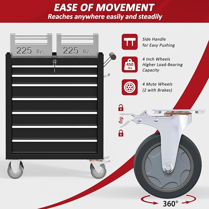 7 Drawers Rolling Tool Chest with Wheels, Rolling Tool Chest with Drawers, Portable Rolling Tool Boxes with Wheels, Tool Box Storage Cabinet with Locking System for Garage (Black, 7 Drawers)