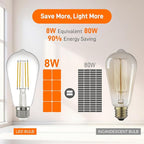Kawaya E26 LED Edison Bulbs: 8W Equivalent 80W Dimmable LED Bulbs - Vintage ST58 4000k ‎Neutral White - 800 Lumens High Brightness Filament Bulbs with 90+ CRI - Clear Glass, 6 Pack